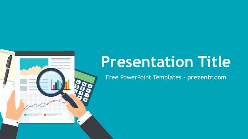 Audit PowerPoint Template cover slide with turquoise background, business analytics icons, and magnifying glass examining