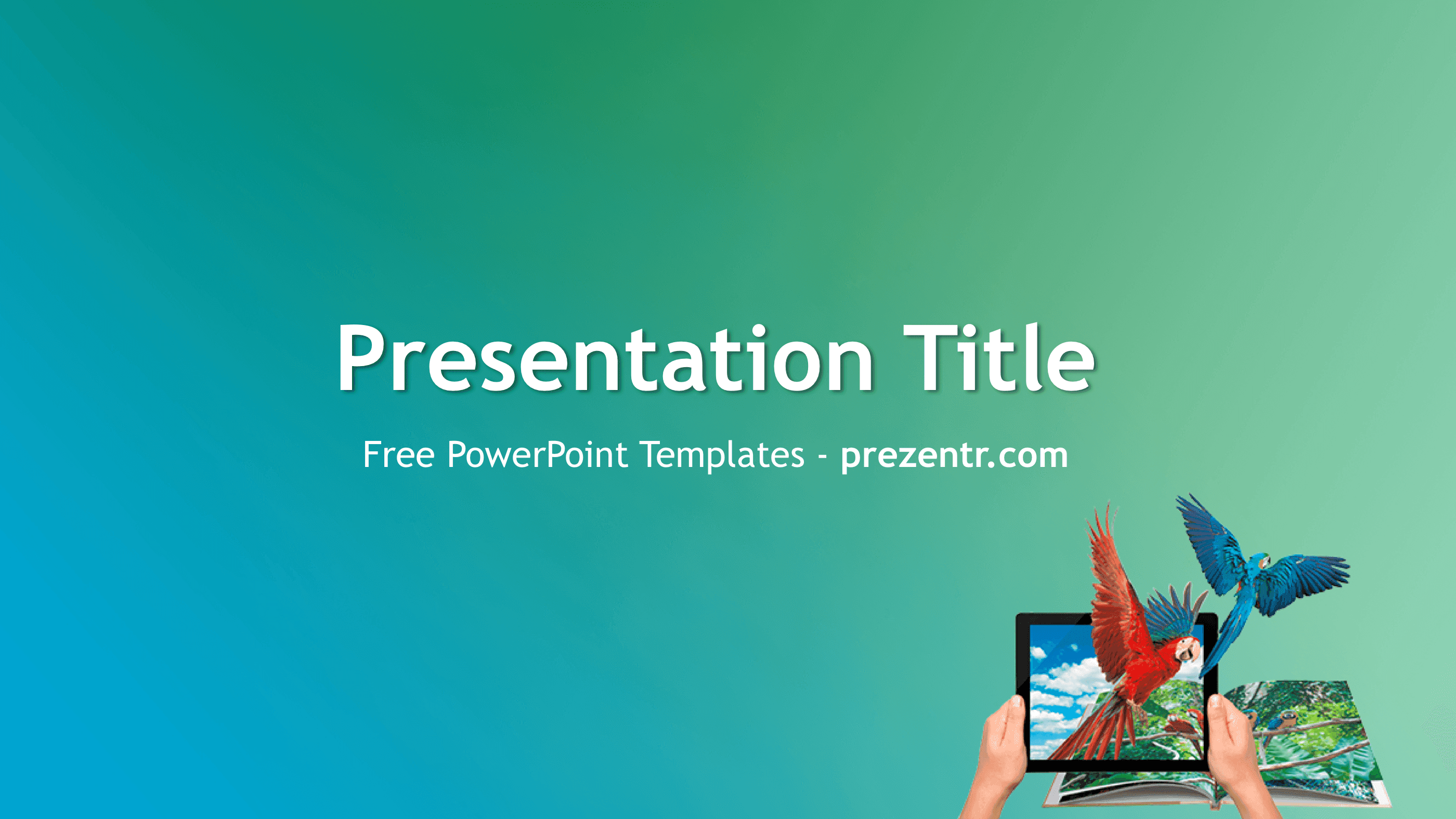 Augmented Reality PowerPoint template cover slide with teal gradient background, tablet displaying colorful parrots, and