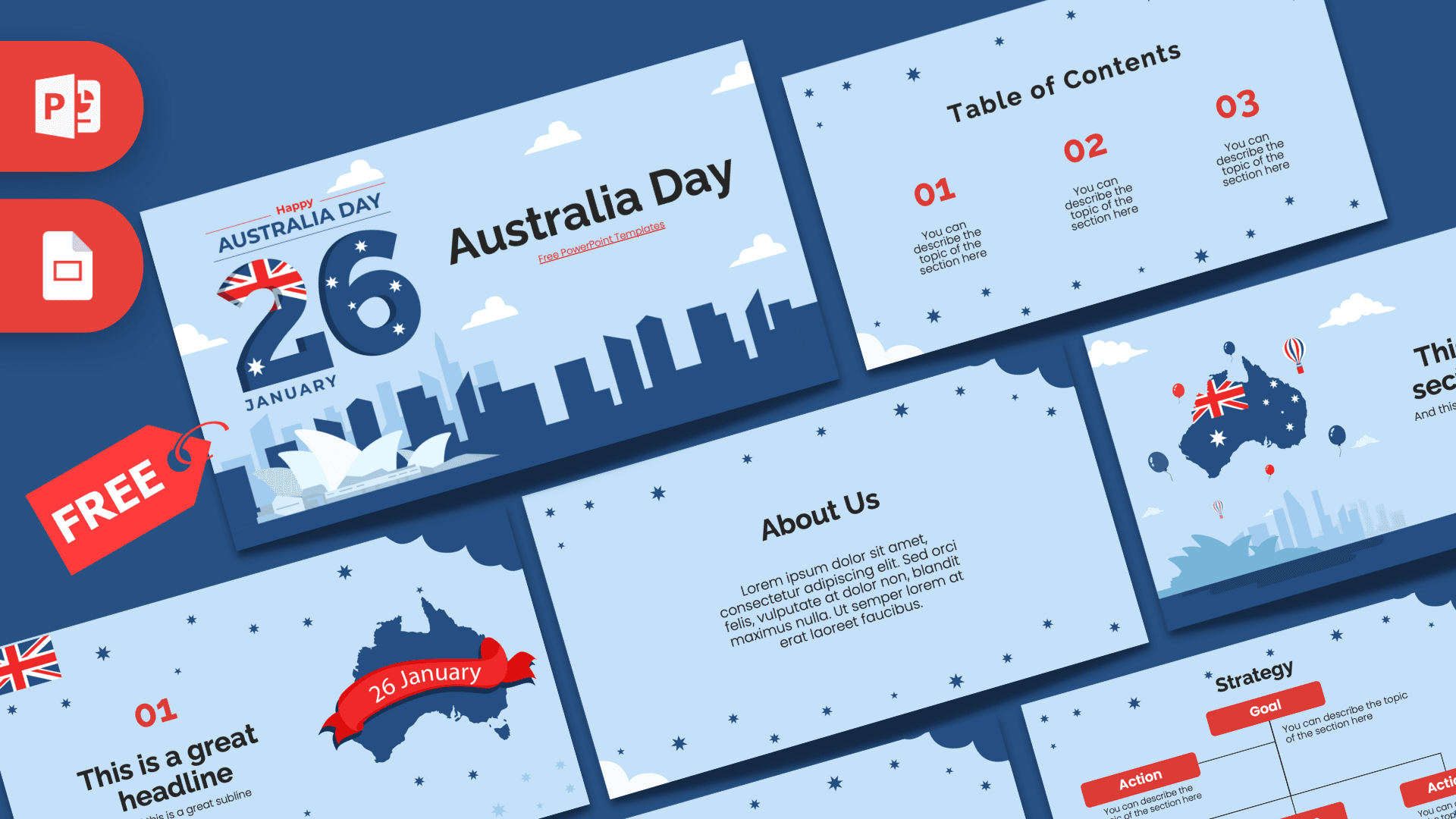 Australia Day PowerPoint template cover slide with blue and red design featuring map and cityscape