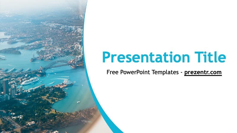 Aerial view of Sydney harbor with blue curved design elements framing cityscape for Australia PowerPoint Template cover slide