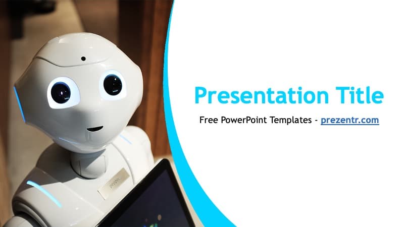 Automated Service PowerPoint Template cover slide featuring white robot with blue curved design elements