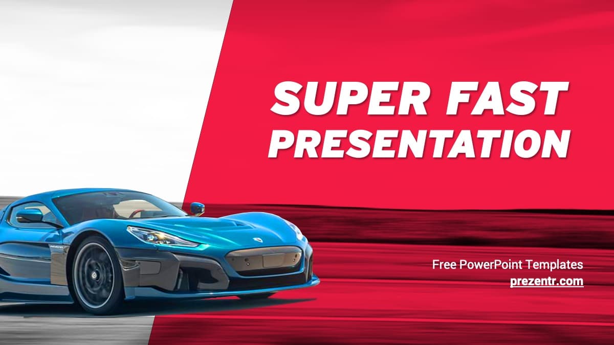 Automotive PowerPoint Template cover slide: blue sports car on red and white background with bold white text