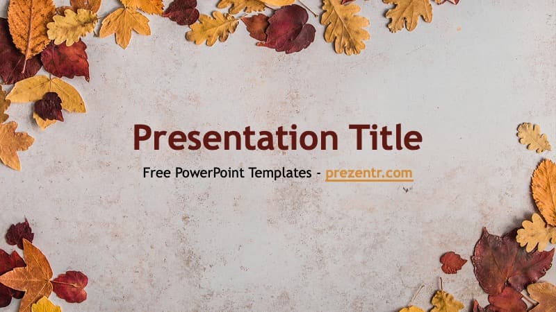 Autumn PowerPoint Template cover slide with fall leaves in gold and burgundy on beige background