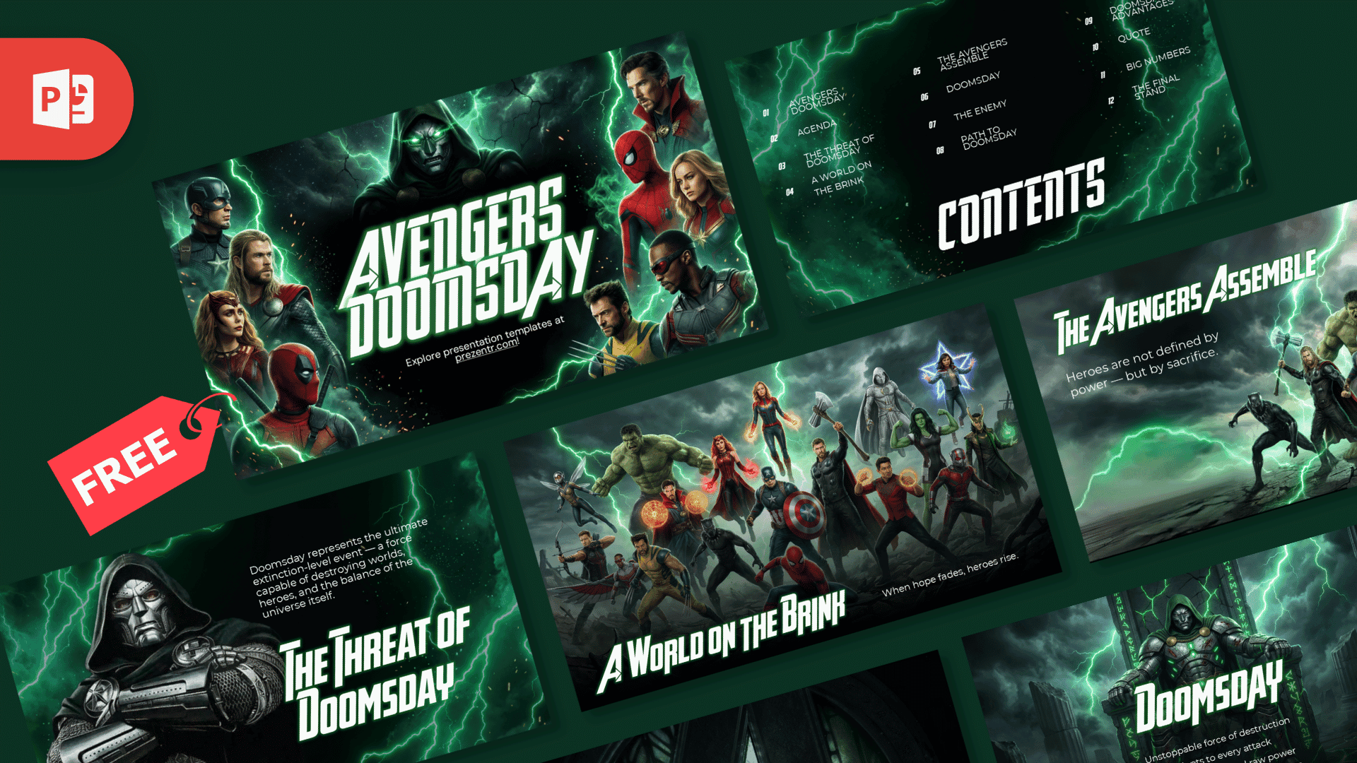 Avengers Doomsday PowerPoint template cover with green lightning effects and superhero characters