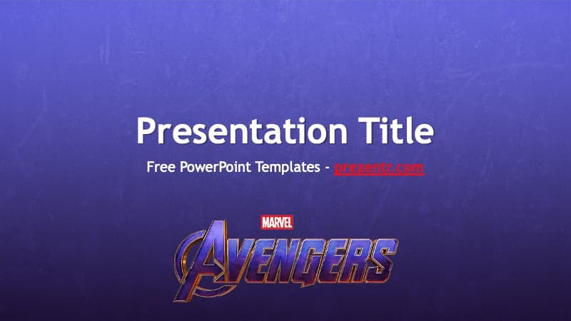 Avengers PowerPoint Template cover slide with purple gradient background, white title text, and Marvel Avengers logo centered