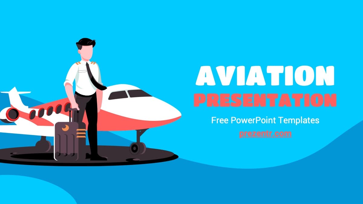 Aviation PowerPoint Template cover slide with pilot, airplane, and bright blue gradient background