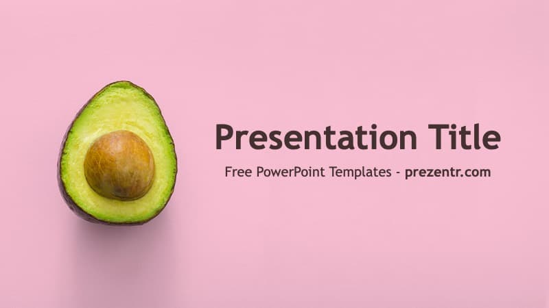 Avocado PowerPoint Template cover slide featuring a halved avocado on pink background with title text area