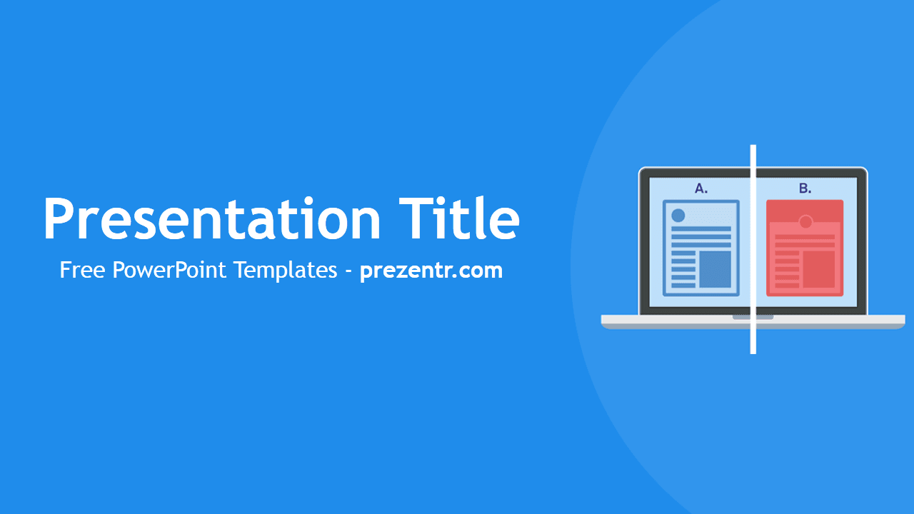 A-B Testing PowerPoint template cover slide with blue background, laptop showing comparison layouts