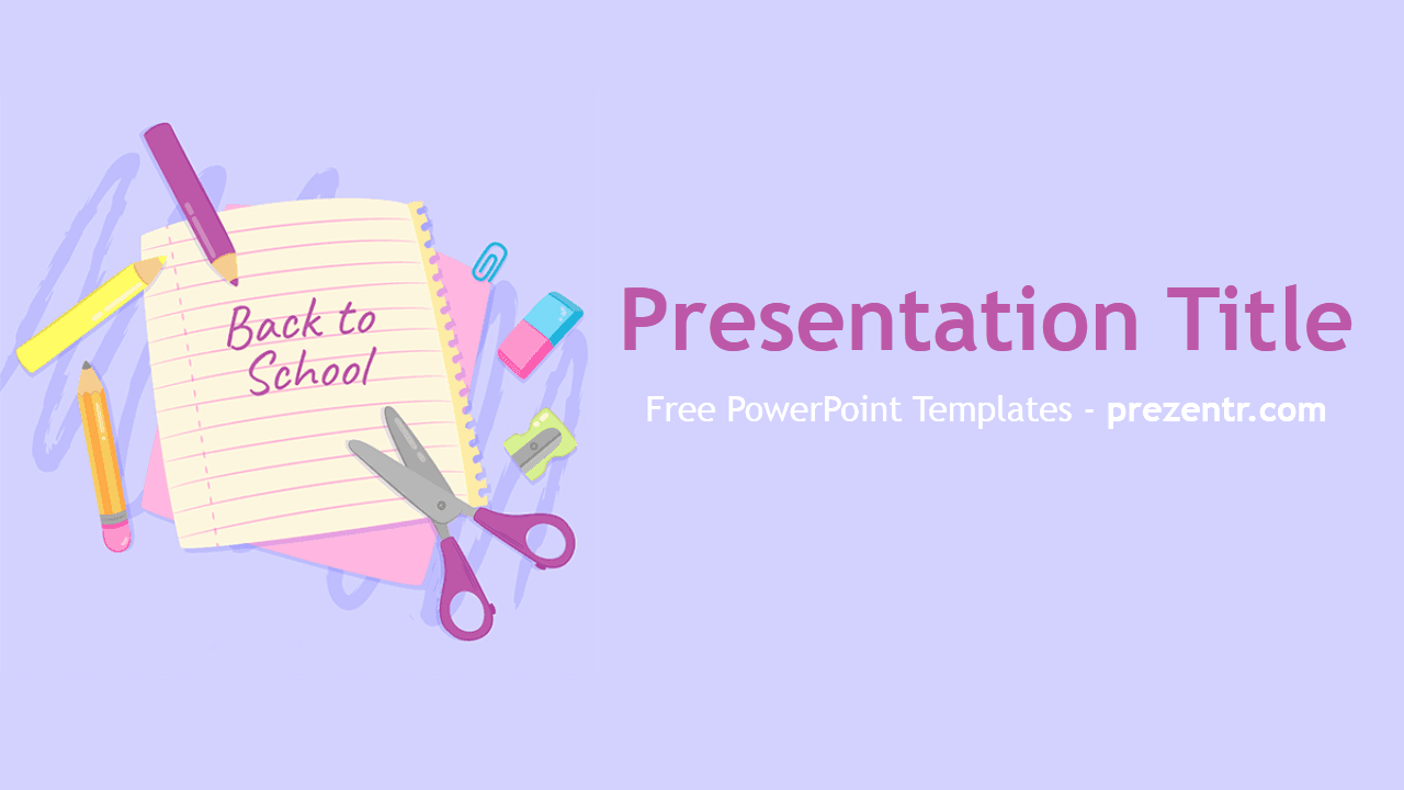 Back to School PowerPoint template cover slide with school supplies illustration on purple background and editable title text