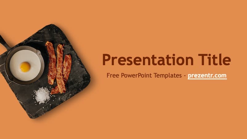 Bacon PowerPoint Template cover slide featuring fried egg and bacon strips on black slate against warm orange background