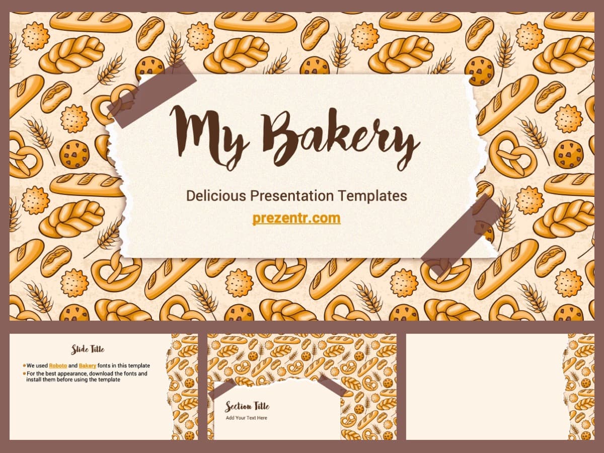 Bakery PowerPoint Template cover slide with brown and cream colors featuring illustrated bread and pastries