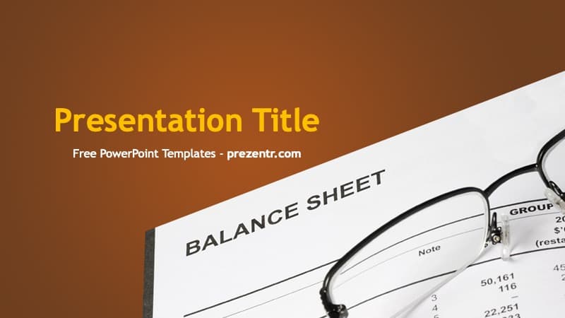 Balance Sheet PowerPoint Template cover slide with brown background, white diagonal design, and financial documents with