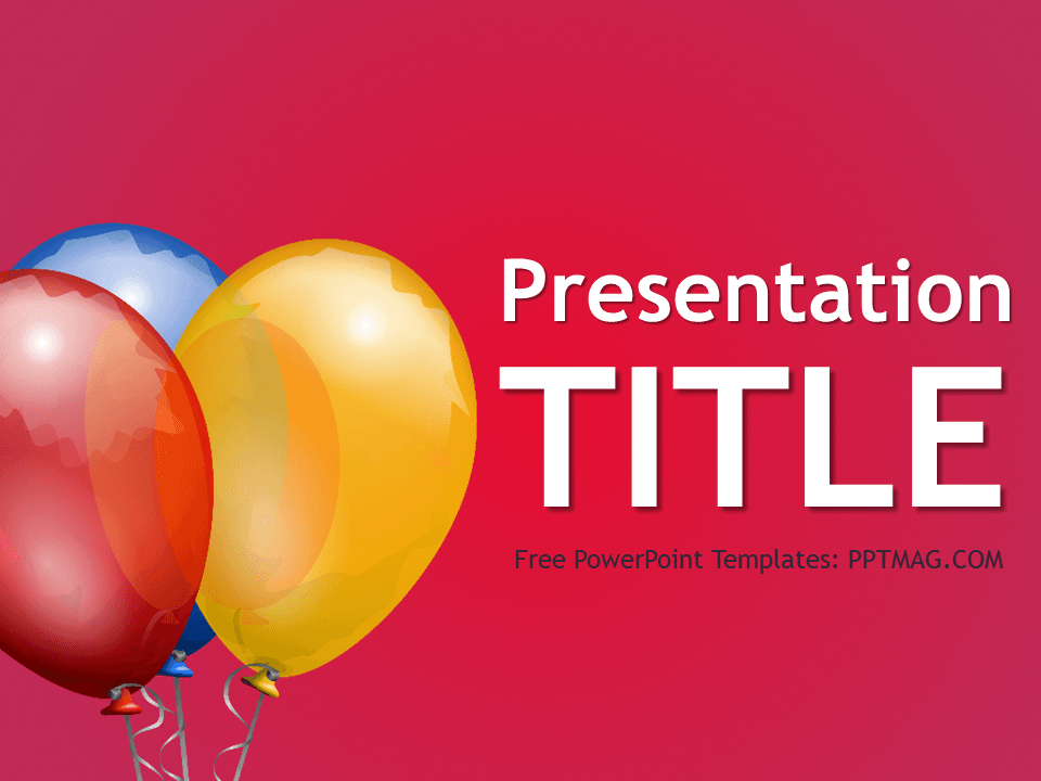 Balloons PowerPoint Template cover slide with red, blue, and yellow balloons on vibrant pink background