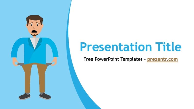 Bankruptcy PowerPoint template cover slide with distressed man illustration on blue background