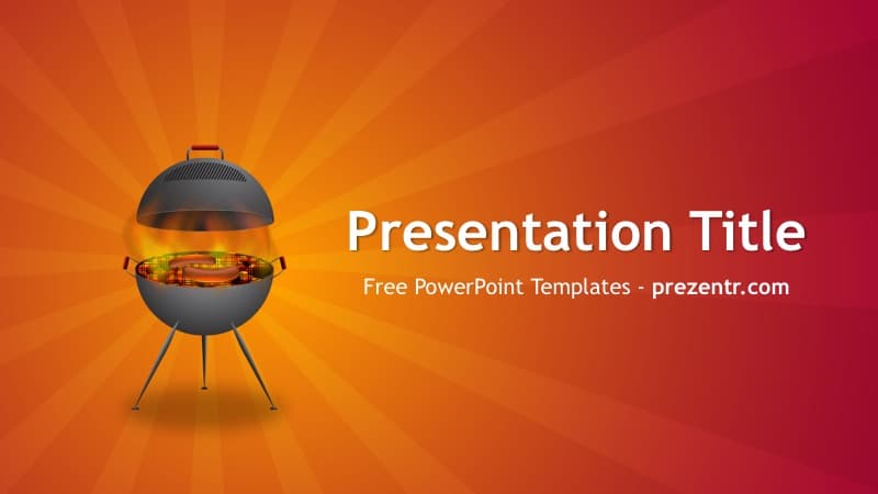 Barbecue PowerPoint Template cover slide with orange gradient background, glowing BBQ grill graphic, and white title text