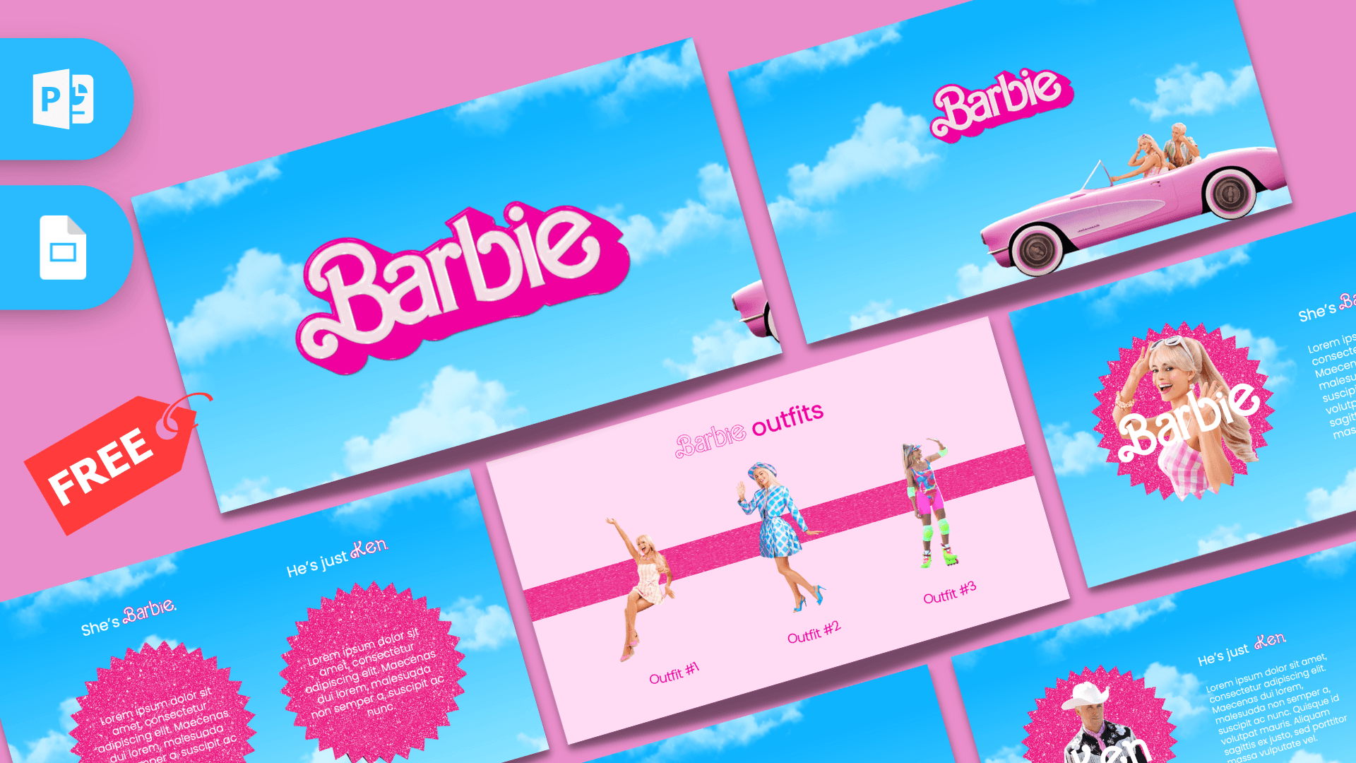 Barbie PowerPoint template cover slide with pink and blue sky background, iconic logo, and convertible car
