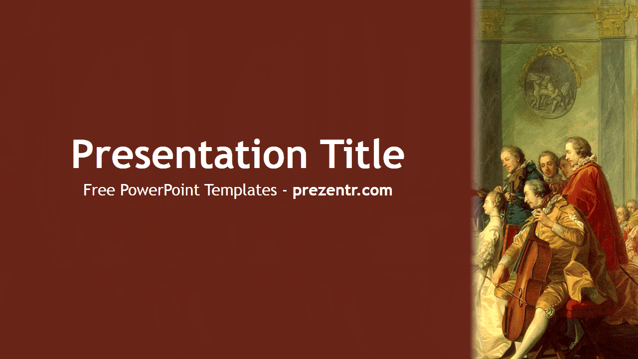 Baroque PowerPoint Template cover slide with burgundy background, classical painting of figures in period dress on right