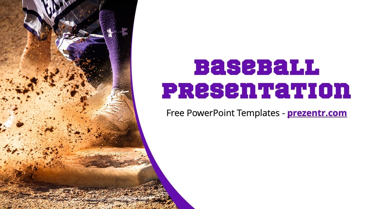 Baseball PowerPoint Template cover slide with purple curved border and player sliding into base on dirt field