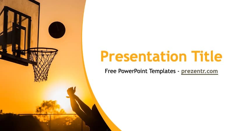 Basketball PowerPoint Template cover slide with orange gradient background and silhouetted player shooting basketball hoop