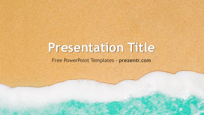 Beach PowerPoint Template cover slide with sand, turquoise ocean waves, and white foam