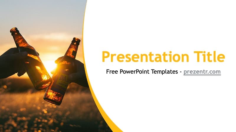 Silhouettes of two hands clinking beer bottles at sunset with golden lighting on a Beer PowerPoint Template cover slide
