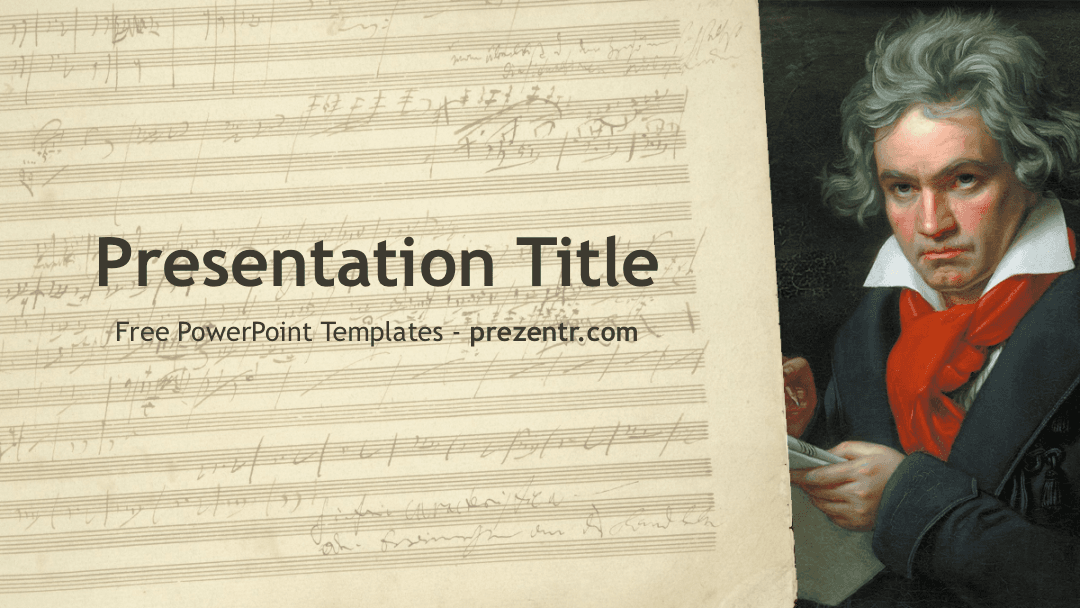 Beethoven PowerPoint Template cover slide with classical composer portrait and sheet music background