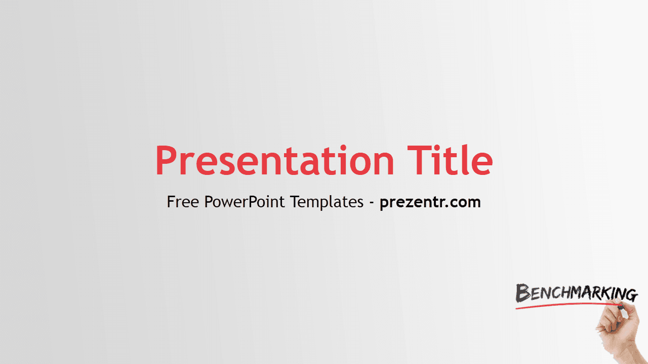 Benchmarking PowerPoint Template cover slide with red title text and hand drawing benchmarking concept on gray background