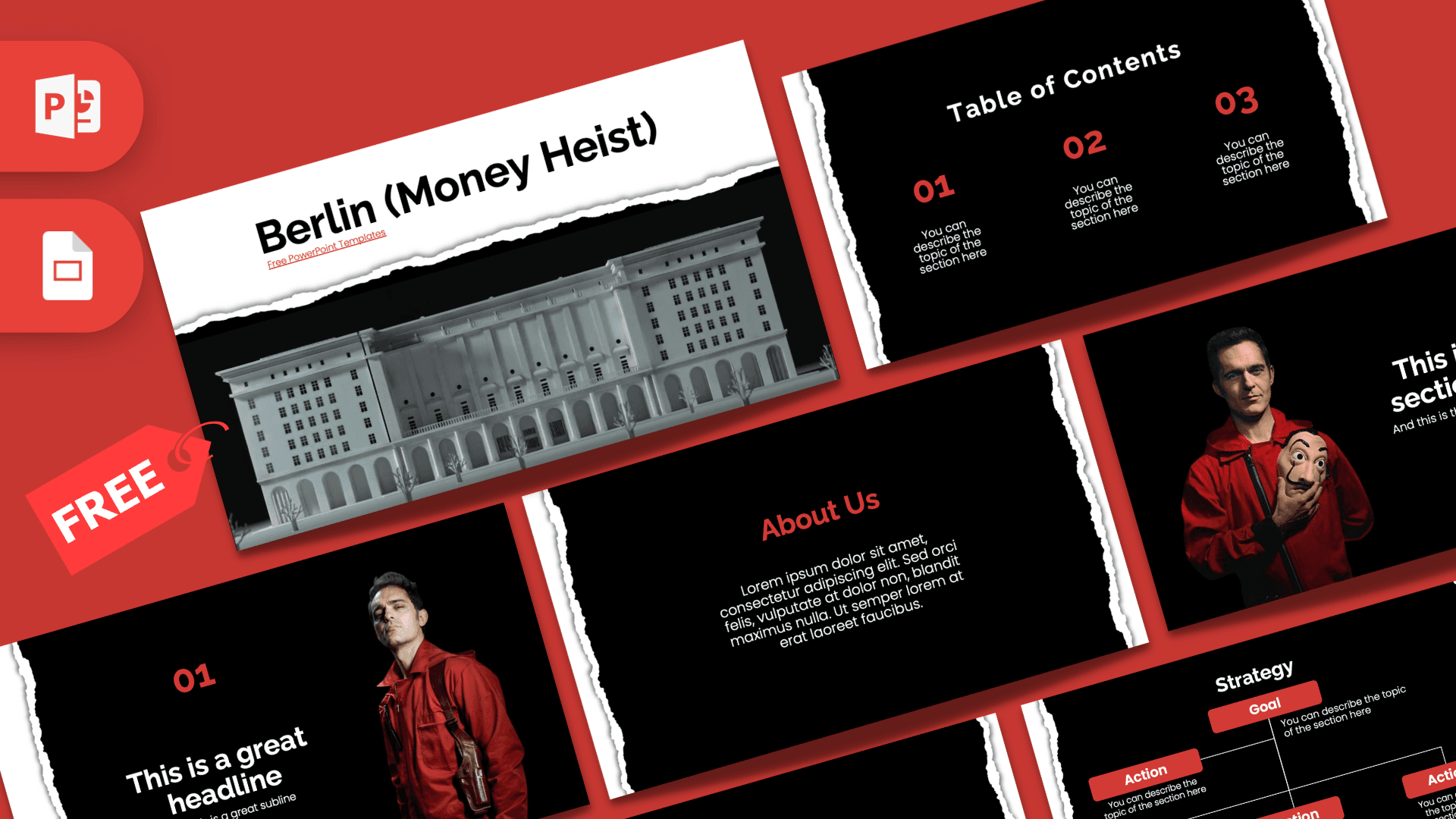 Berlin Money Heist PowerPoint template with red and black design, featuring iconic building imagery