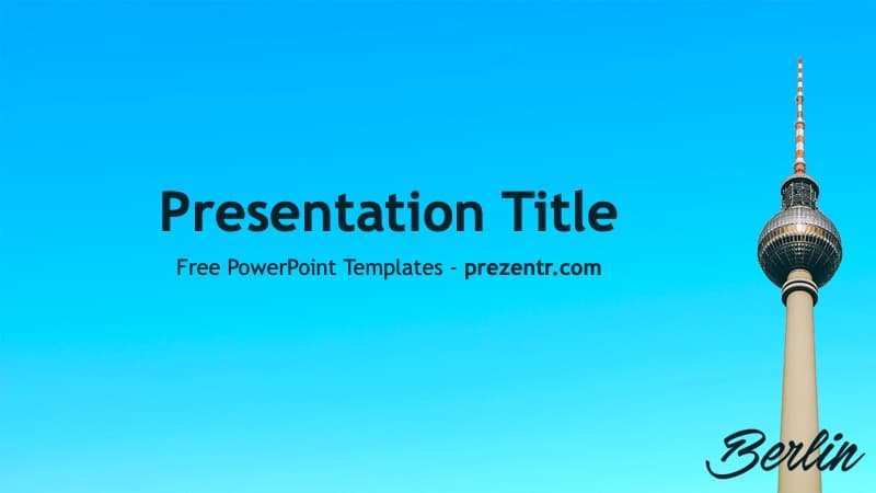 Berlin PowerPoint Template cover slide with bright blue background, black title text, and iconic TV Tower on the right side