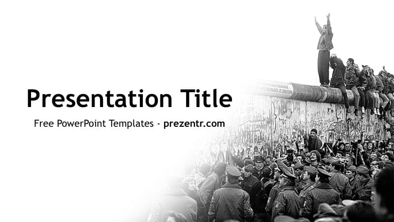 Berlin Wall PowerPoint Template cover slide with historical black and white crowd photo and title text layout