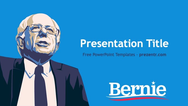 Bernie Sanders PowerPoint template cover slide with portrait illustration, blue background, and campaign-style branding