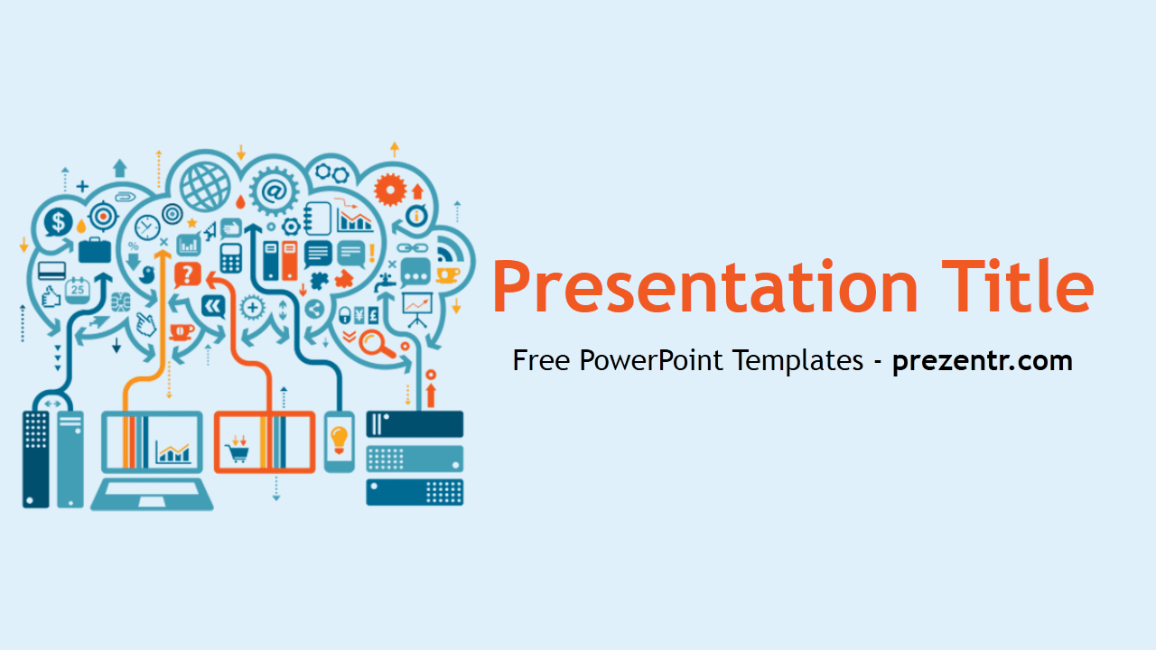 Big Data PowerPoint Template cover slide with brain icon, blue and orange tech symbols, and light blue background