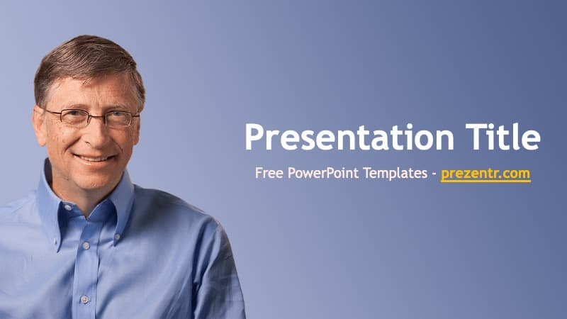 Bill Gates PowerPoint Template cover slide with professional portrait and blue gradient background
