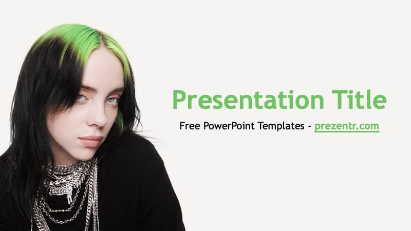 Billie Eilish PowerPoint template cover slide with portrait photo, green text title, minimalist white background