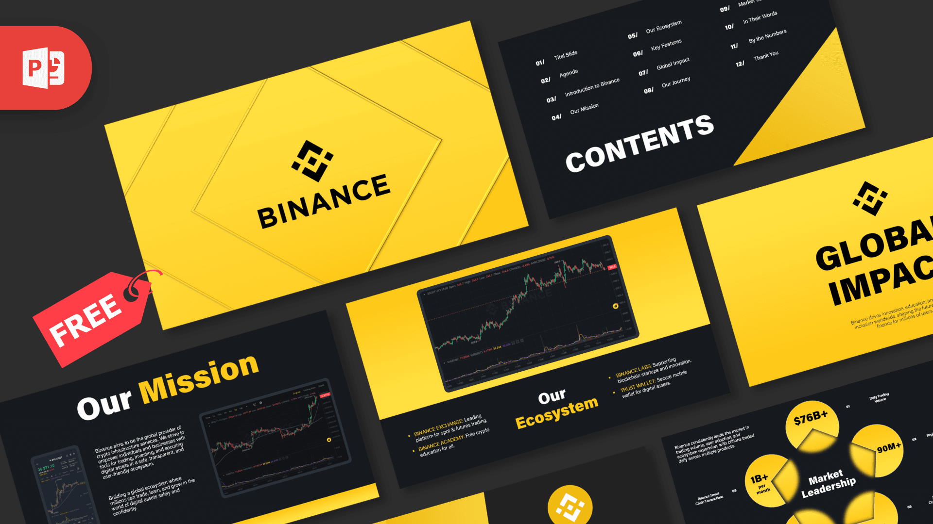Binance PowerPoint template cover with yellow geometric shapes and dark background