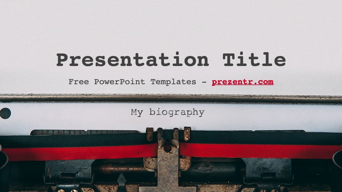 Biography PowerPoint template cover slide with typewriter, red and black colors