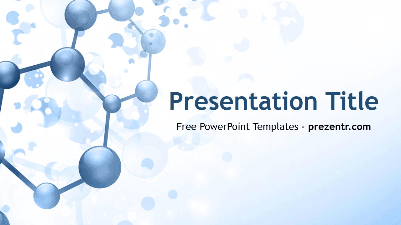 Biology PowerPoint Template cover slide with blue molecular structure and light gradient background