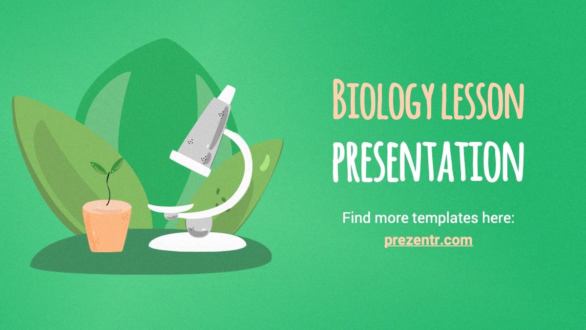 Green biology lesson PowerPoint template cover with microscope, potted plant, and leaves illustration