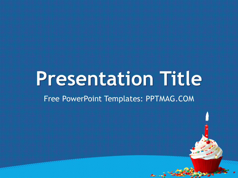 Birthday PowerPoint Template cover slide with blue background, red cupcake with candle, and colorful sprinkles