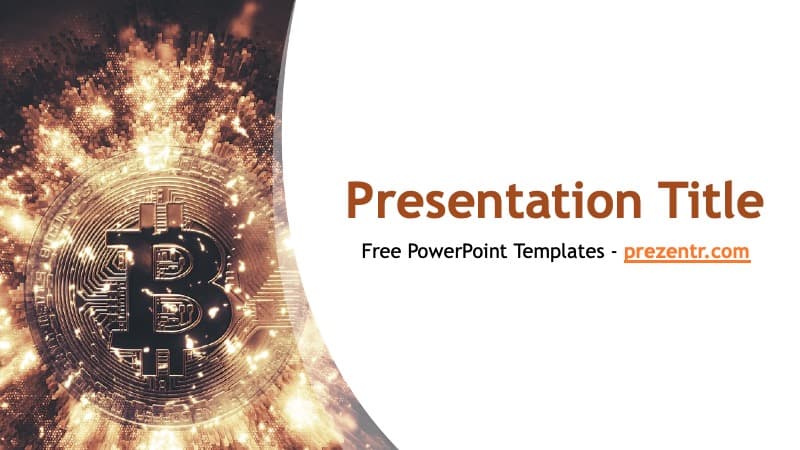 Bitcoin PowerPoint Template cover slide with golden glowing Bitcoin symbol on dark background, white text area on right