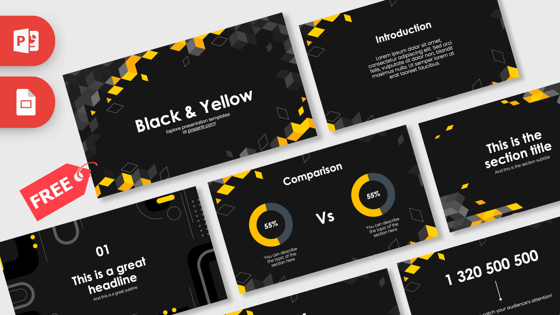 Black & Yellow Abstract PowerPoint Template cover slide with geometric shapes and modern design