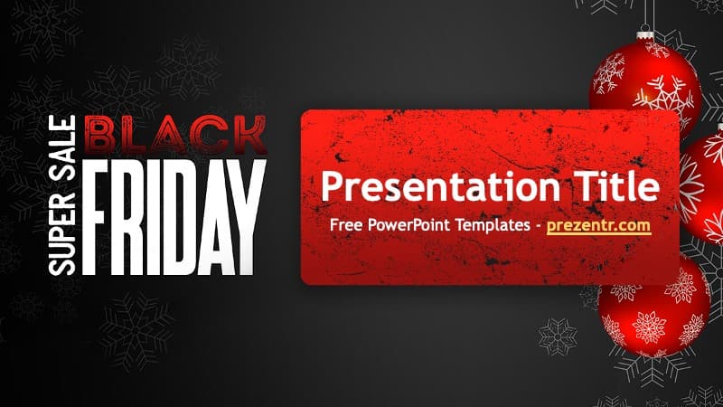 Black Friday PowerPoint template cover slide with red and black design, Christmas ornaments, and snowflakes