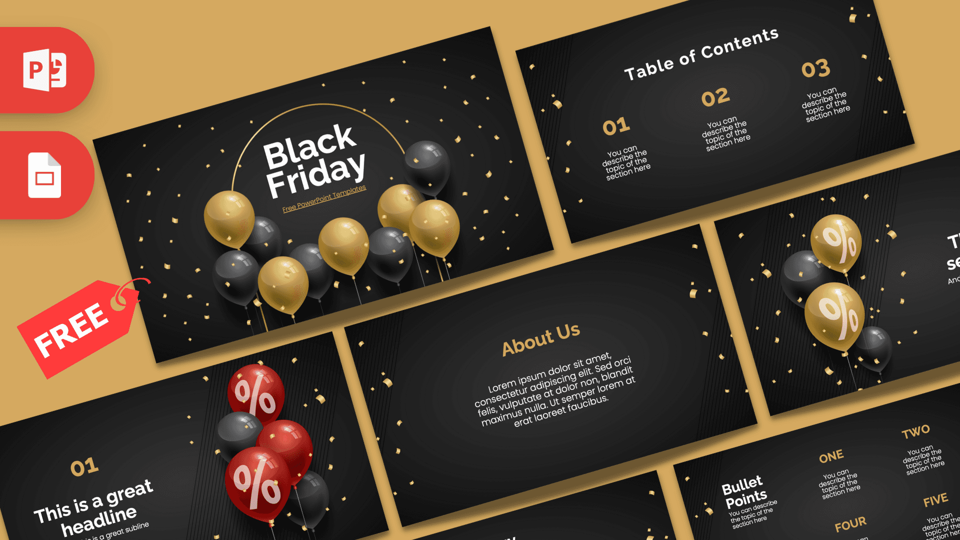 Black Friday PowerPoint Template with dark background, gold and black balloons, confetti, and celebratory design elements