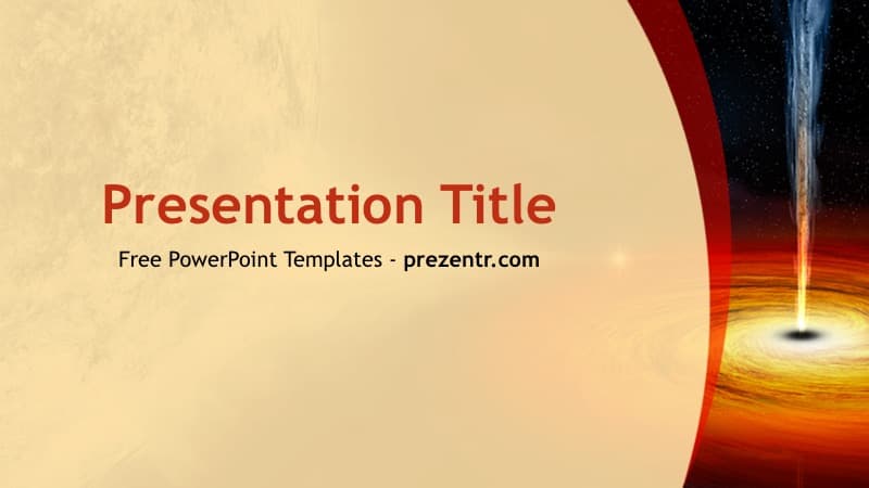 Black Hole PowerPoint Template cover slide with red and gold cosmic vortex design on beige background