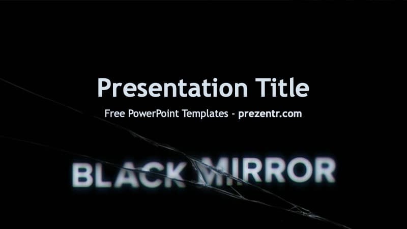Black Mirror PowerPoint template cover slide with dark background, glowing blue text, and diagonal line design element