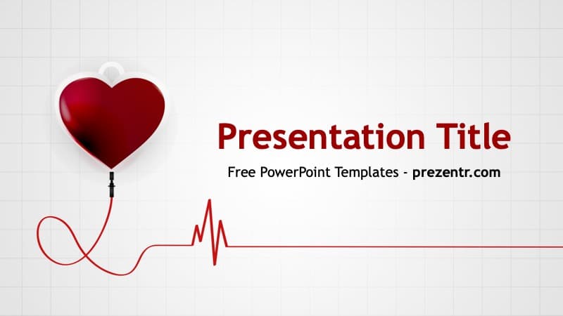 Blood Donation PowerPoint Template cover slide with red heart, heartbeat line graphic, and grid background