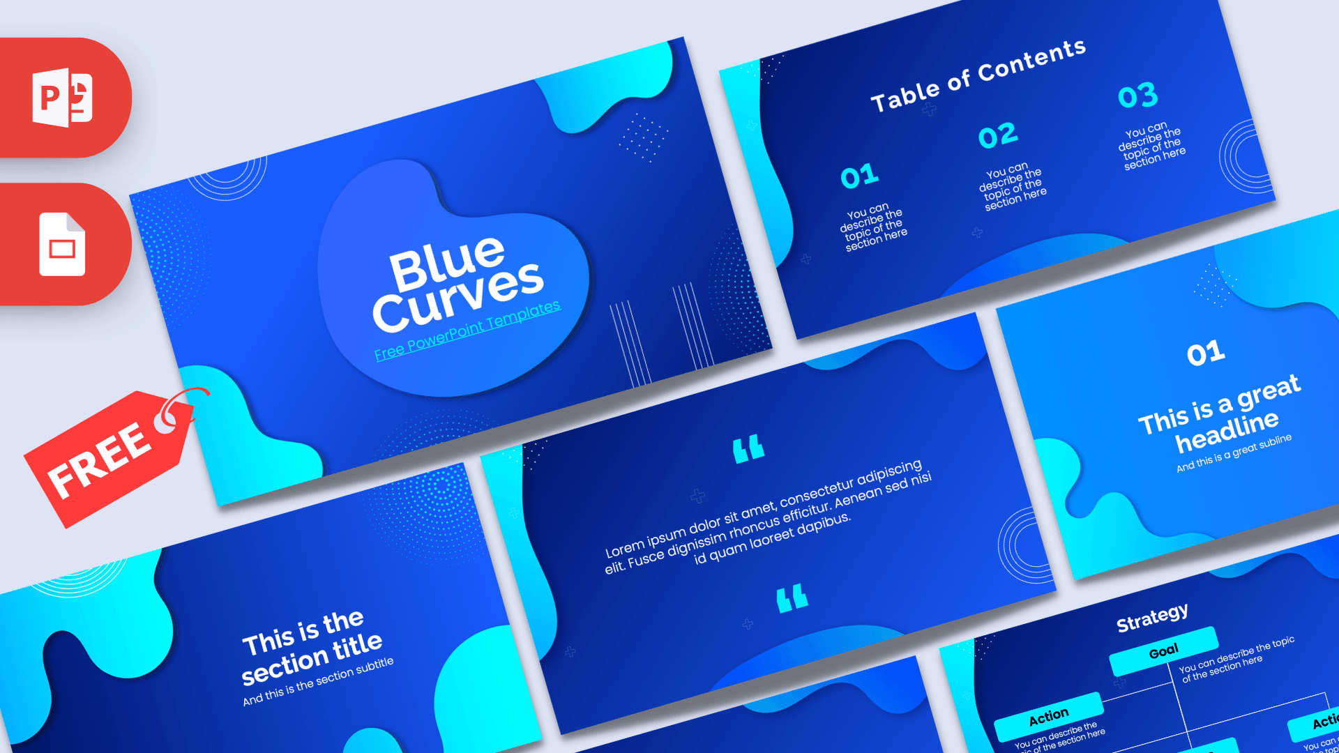 Blue Curves PowerPoint template cover slide with cyan and navy abstract shapes