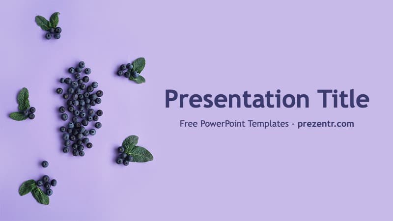Blueberries PowerPoint Template cover slide with fresh blueberries and mint leaves arranged on purple background
