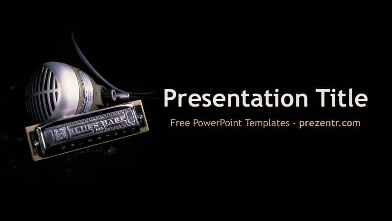 Blues PowerPoint Template cover slide featuring a vintage spotlight on black background with white text placeholders