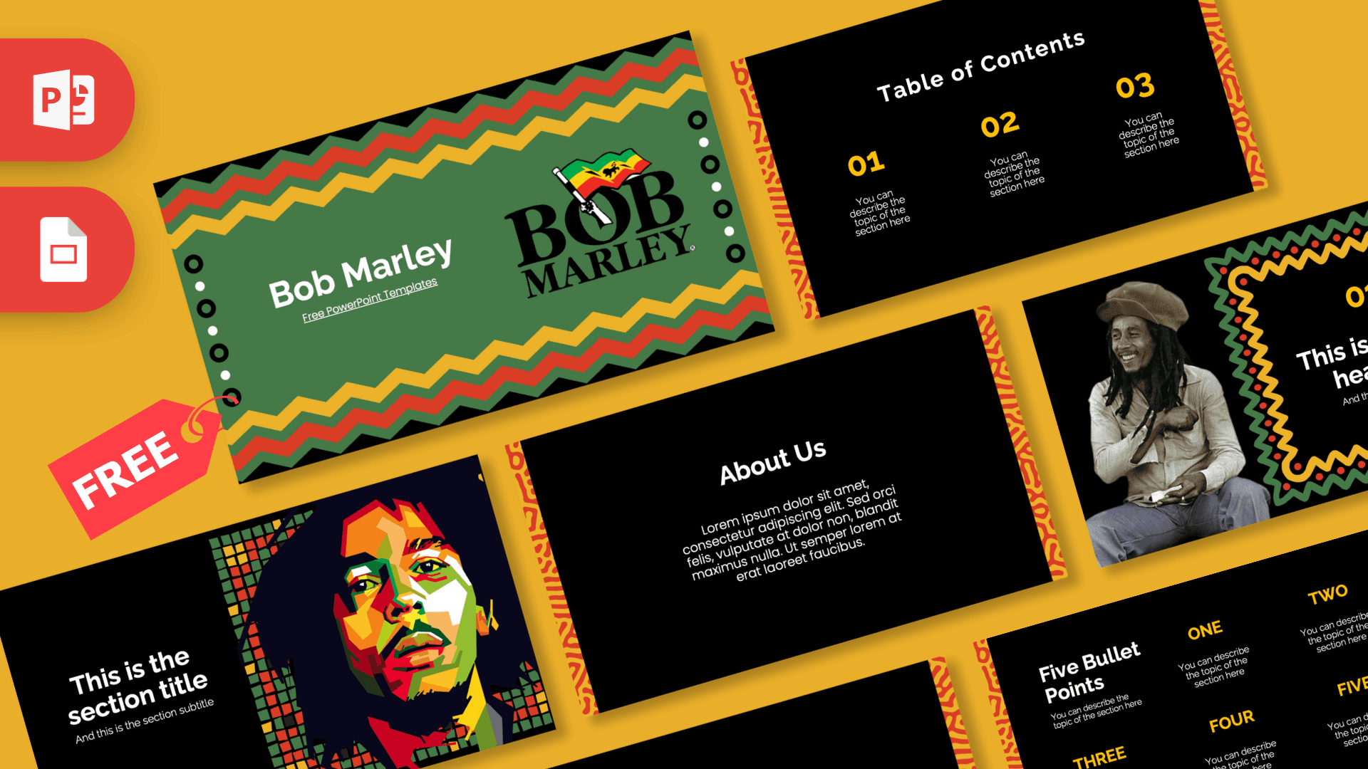 Bob Marley PowerPoint template cover with reggae-inspired green background and colorful geometric portrait